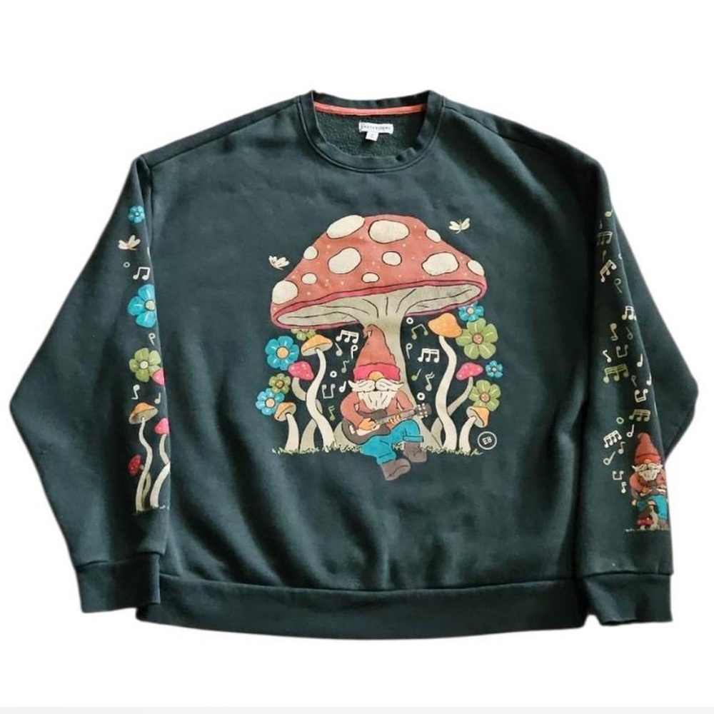 EARTHBOUND Green Sweater with Gnome and Mushroom Design